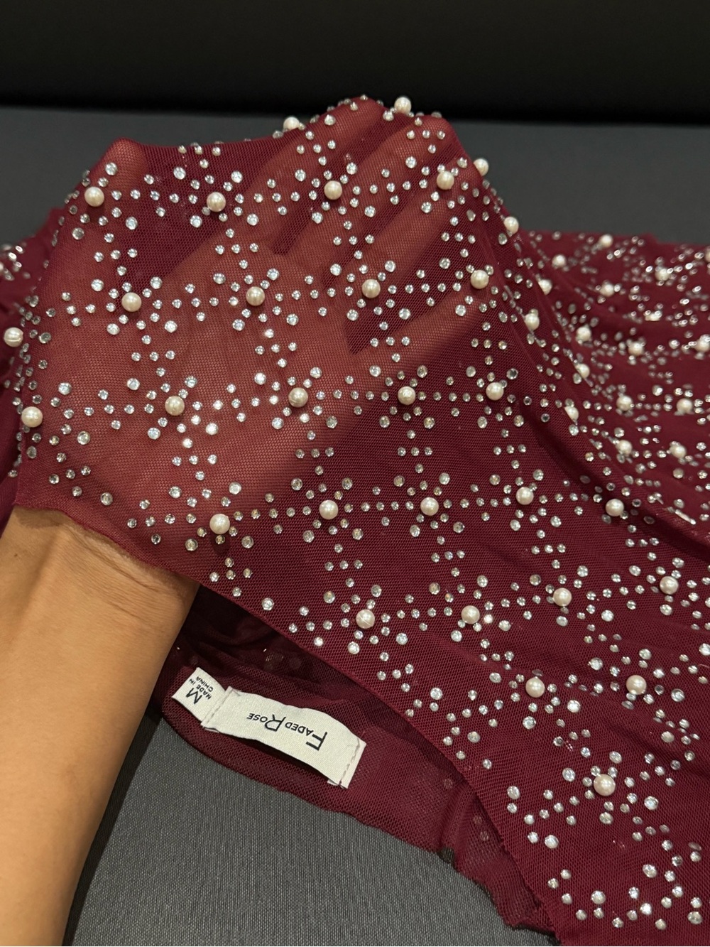 Burgundy Pearl & Rhinestone Embellished Blouse